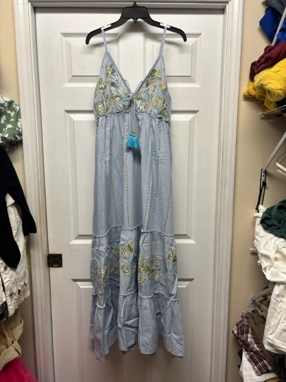 POL Light Blue Embroidered Maxi Dress with Tassel Tie and Sequin detail Women